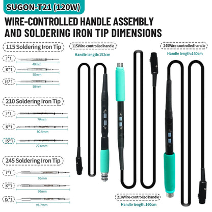 SUGON T21 120W Soldering Station 1.6m Wire-Controlled Handle Electronics soldering iron Tip 115/210/245 Rework Station BGA Tools