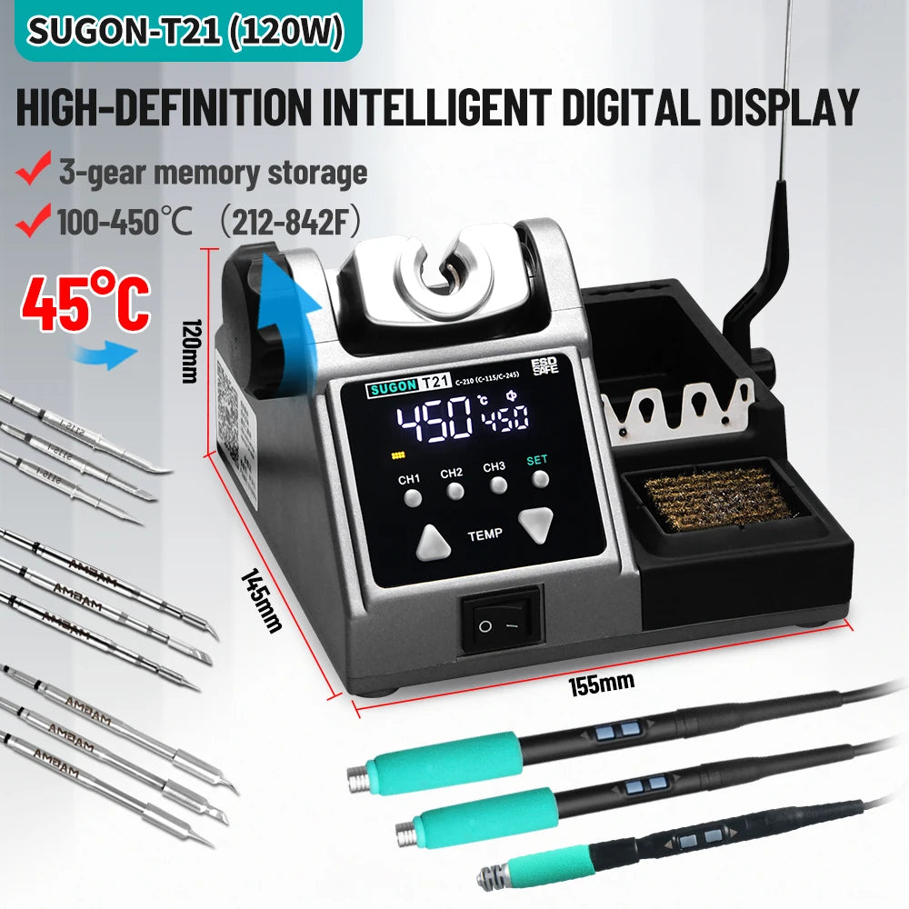 SUGON T21 120W Soldering Station 1.6m Wire-Controlled Handle Electronics soldering iron Tip 115/210/245 Rework Station BGA Tools